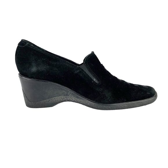 Vintage Aquatalia Marvin K Wedge Black Suede Slip On Shoes Whipstitch Accent s8 - Picture 7 of 9